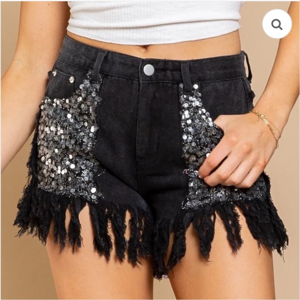 POL Sequin Fringe Women's Shorts M Jean Denim